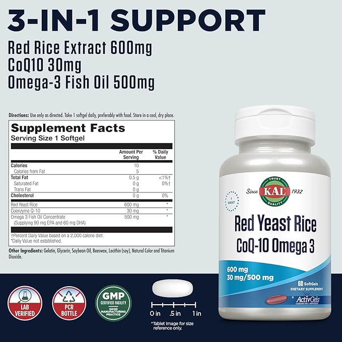 Kal Red Yeast Rice COQ10 Omega 3 60 Count