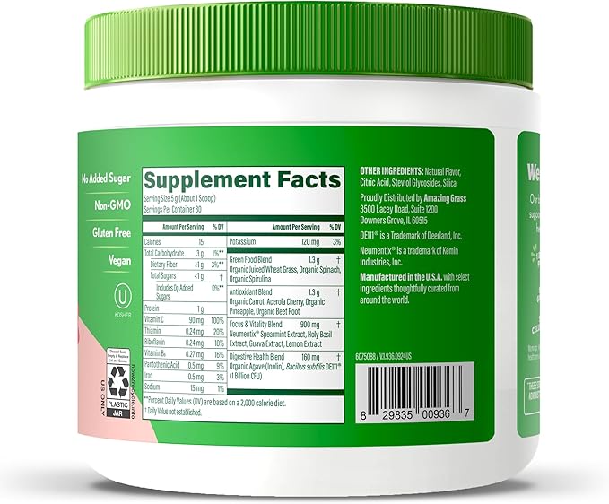 Amazing Grass Sweet Greens and Superfoods Powder for Digestive Health Greens Powder Digestive Enzymes Probiotics Spirulina Chlorella Peach Hibiscus 30 Servings