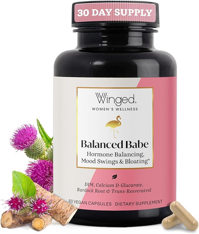Winged Wellness Balanced Babe Hormone Balance &amp Estrogen Detox Supplement for Women - 100mg DIM &amp Milk Thistle for PMS Bloating Cramps Mood Hormonal Acne &amp PCOS Support 60 Capsules
