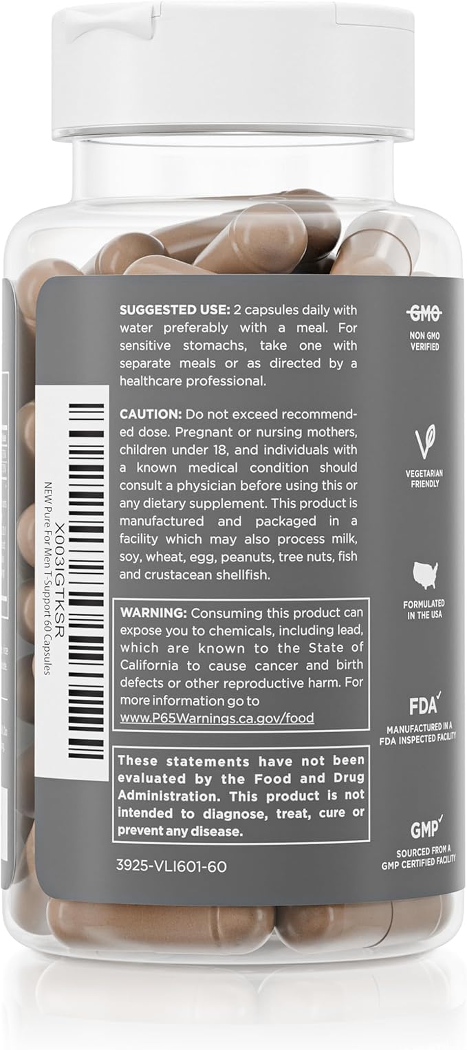 Pure for Men T-Support Supplement | Vegetarian Total Support for Men with Maca Vitamin D &amp Ashwagandha Muscle Health | Endurance Strength Focus &amp Energy Support | 60 Capsules