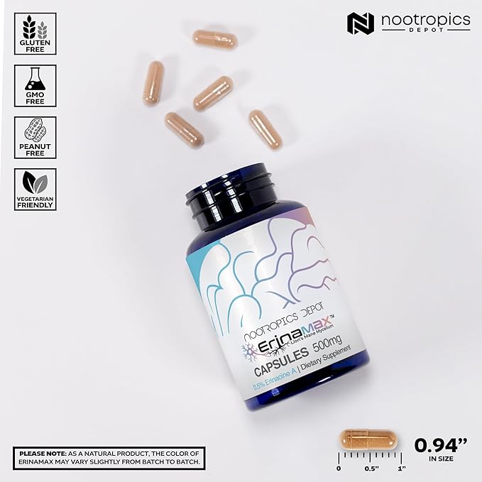 Nootropics Depot Erinamax Lion's Mane 500mg Capsules | Liquid Culture Mycelium | 2.5mg Erinacine A | Mood Cognition &amp Nerve Support | 120 Count