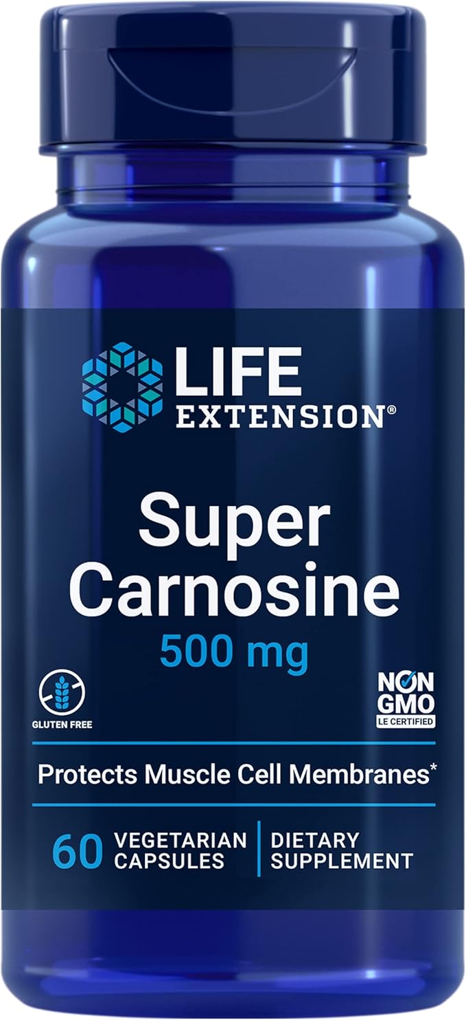 Life Extension Super Carnosine L-carnosine Luteolin Vitamin B1 Muscle Support Exercise Recovery Heart Health Gluten-Free Non-GMO Vegetarian 60 Capsules