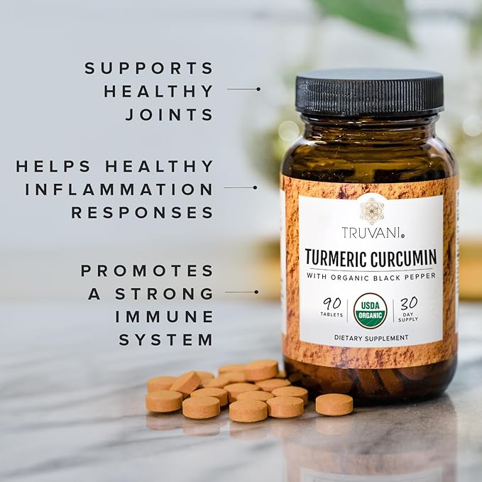 Truvani Organic Turmeric Curcumin Tablets 1350 mg Each - Natural Joint Support with Black Pepper for Absorption - 90 Tablets