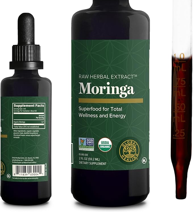 Global Healing Center - Organic Moringa Oleifera Extract Liquid Drops Moringa Supplement-Vegan from Tree Leaves-Max Absorption of Vitamins and Minerals- More Potency Than Powder Form (2 Fl Oz)