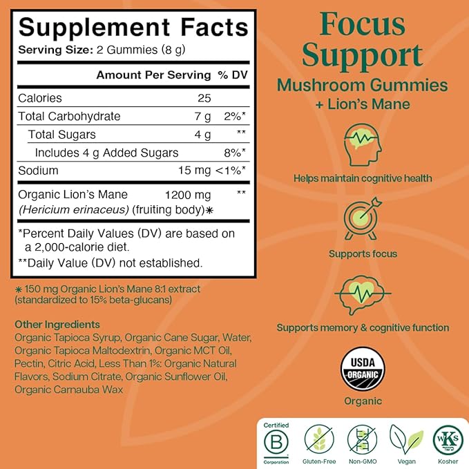 Charlotte's Web Focus Support Mushroom Gummies for Focus and Energy w/Lion’s Mane Natural Cognitive Support Lions Mane Gummies for Adults — Tangerine Flavor (30 Servings)