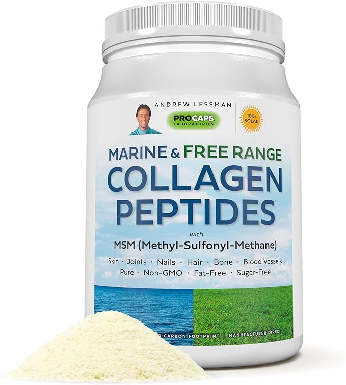ANDREW LESSMAN Marine Free Range Collagen Peptides Powder and MSM 30 Servings - Supports Radiant Smooth Soft Skin Comfortable Joints. Super Soluble No Fishy Flavor No Additives Non-GMO