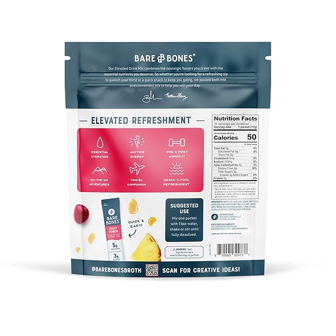 Bare Bones Fruit Punch Elevated Drink Mix | Collagen &amp Prebiotics | Gluten-Free &amp Naturally Sweetened | On-the-Go Stick Single-Serve Packs Powdered Refreshment | 5g Protein | 16 Packets (.60 o