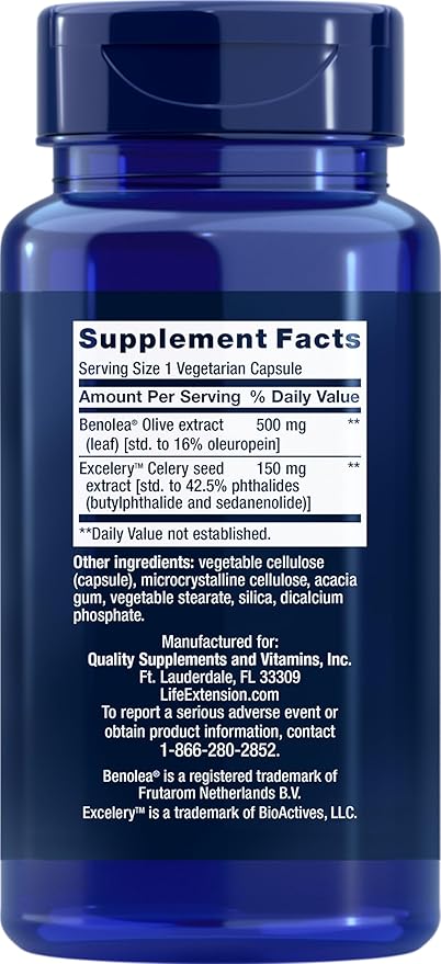Life Extension Advanced Olive Leaf Vascular Support Olive Extract Celery Extract oleuropein Blood Pressure Health Support Cardiovascular Health Vegetarian Gluten-Free Non-GMO 60 Capsules