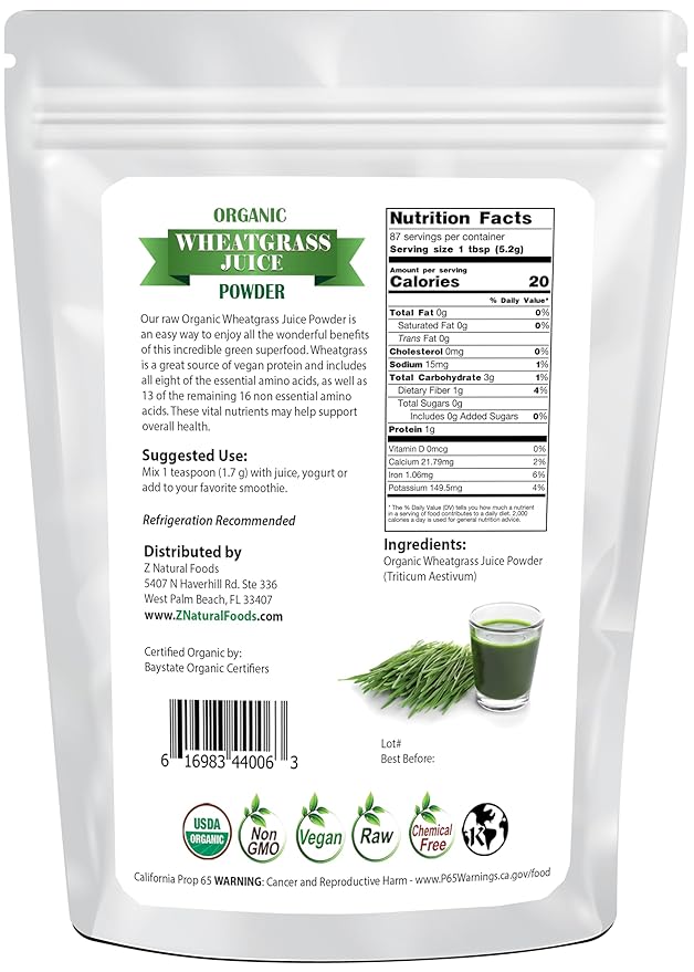 Z Natural Foods Organic Wheat Grass Juice Powder - Superfood for Healthy Aging &amp Digestion - Non-GMO Vegan Kosher - Perfect for Juices Yogurts &amp Smoothies - Wheatgrass Juice Powder Bliss 1