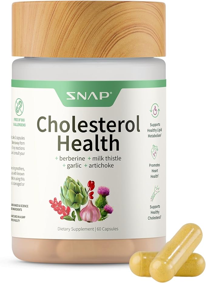 Snap Supplements Cholesterol Health - Artichoke Milk Thistle Garlic and Berberine Supplement with Beta Sitosterol (95% Plant Sterols) for Digestive and Metabolic Support 60 Capsules (30 Servings)
