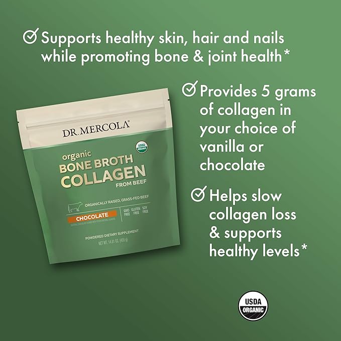 Dr. Mercola Organic Bone Broth Collagen Powder - Supports Bone Health &amp Muscle Growth - USDA Organic Non-GMO Gluten-Free &amp Dairy-Free - 30 Servings - Chocolate Flavor