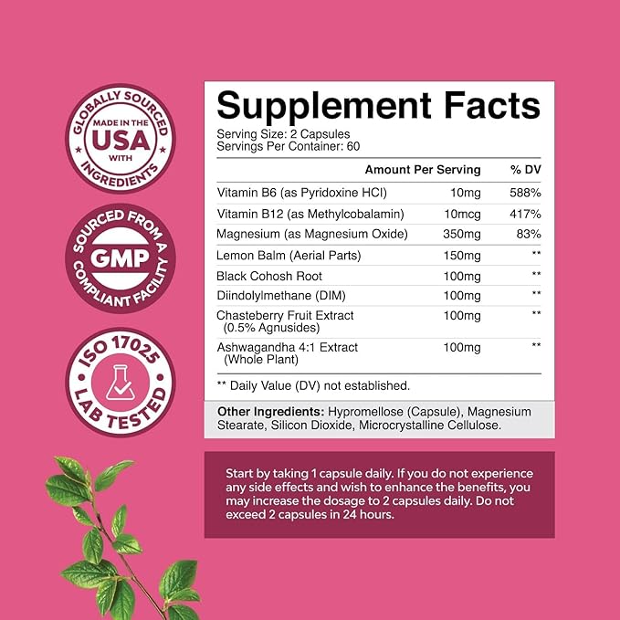 PMS Support Supplement for Women – Hormone Balance for Women &amp Menstrual Discomfort with DIM Chasteberry Black Cohosh &amp Ashwagandha - for Period Cramps Ease Menopause Bloating Mood Swing –