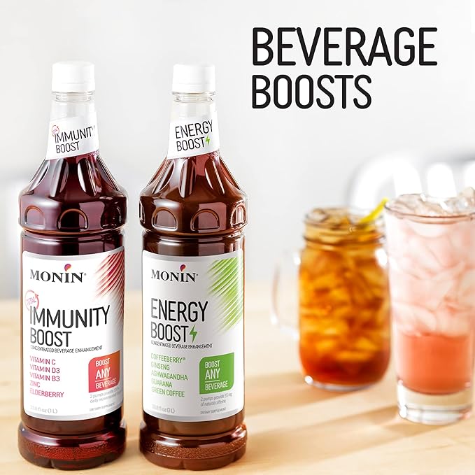 Monin - Total Immunity Boost Liquid Blend of Vitamins Minerals &amp Antioxidants Immune Boosting Vitamin C &amp D + Elderberry For All Beverages Low Calorie (1 Liter + Pump)