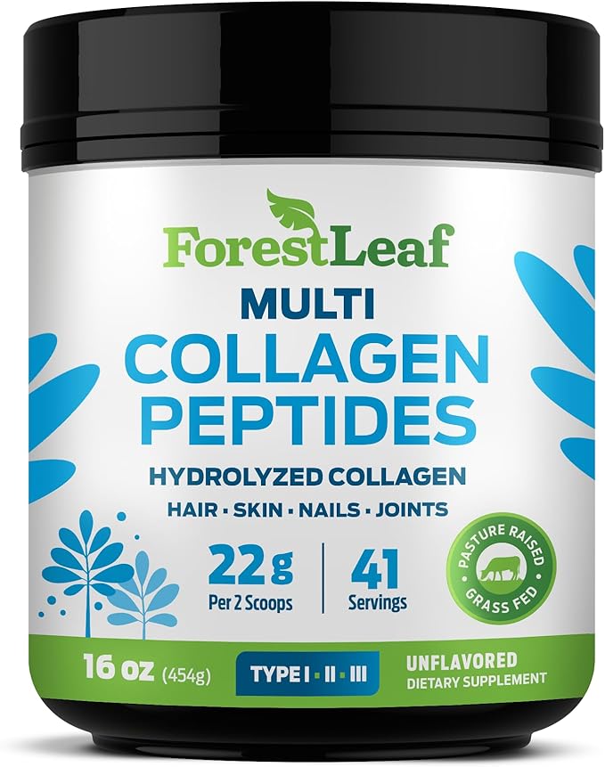 ForestLeaf Collagen Peptides Powder Unflavored - Hydrolyzed Grass Fed Keto Collagen Protein Powder Type 1 2 &amp 3 - Vital Hair Skin Nails Joints Recovery 11g Per Serving