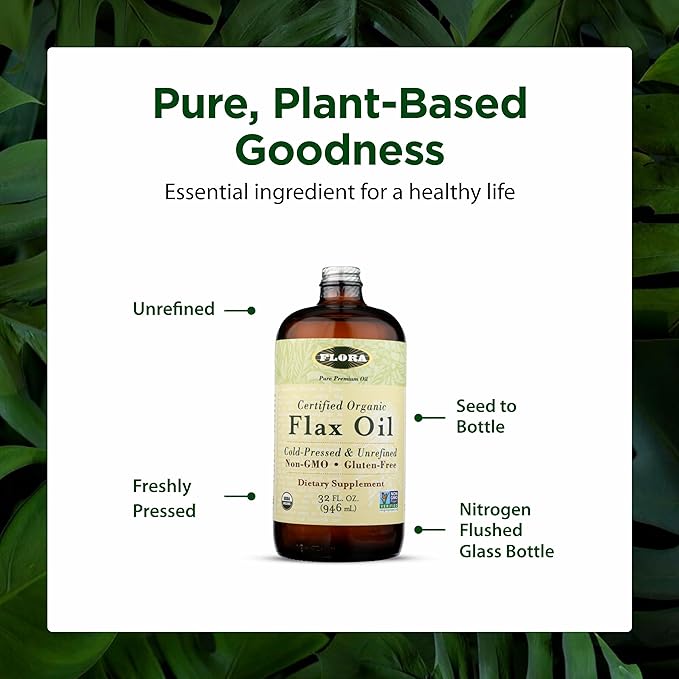Flora - Flax Oil - Cold-Pressed Unrefined Organic Flax Seed Oil - Contains Omega-3 &amp Omega-6 - Non-GMO &amp Gluten-Free - Keep Chilled - 32 fl. oz. Amber Glass Bottle