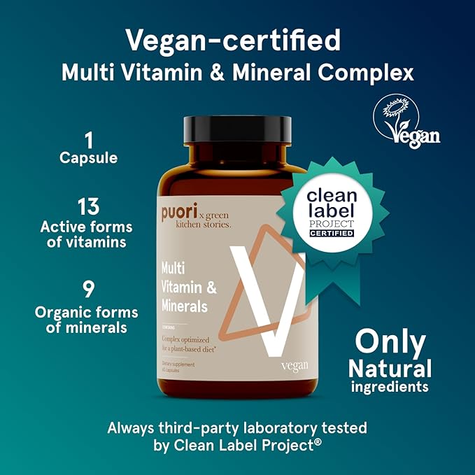 Puori Vegan Multi-Vitamin &amp Mineral Complex for Men &amp Women - Blended Multivitamins with 13 Essential Vitamins &amp 9 Minerals for Overall Health Nervous &amp Immune System Support - 60 Cap