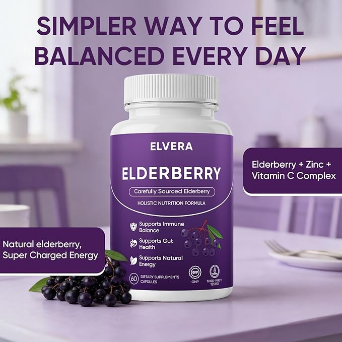 Elvera Elderberry Elvera Gut Support Complex with Zinc &amp Vitamin C Organic Black Elderberry Soft Capsules for Immune Support Boost Energy Digestive and Gut Healthy 60 Capsules (1)
