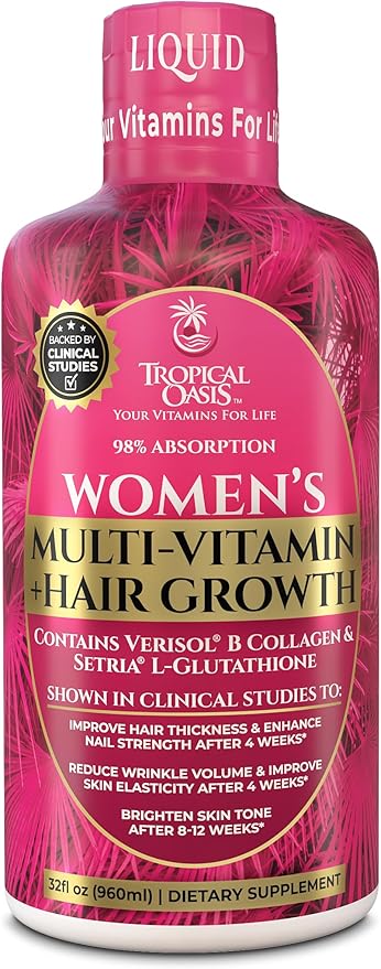 Tropical Oasis Women's Liquid Multivitamin + Hair Growth | Clinically Tested for Thicker Hair Wrinkles Brighter Skin Strong Nails | 2.5g Verisol Collagen | Biotin 12500mcg | 32 Serv
