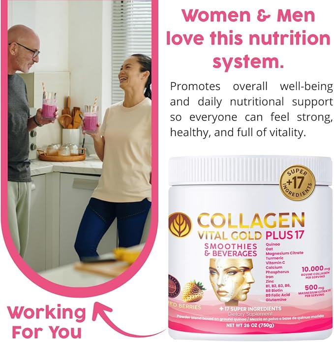 Vital Life Collagen Peptides Powder - Hydrolyzed Collagen with +17 Super Ingredients 1.6 lb Red Berries Flavor Supplement for Healthy Hair Skin Nails Bones Joints Collagen for Women &amp Men