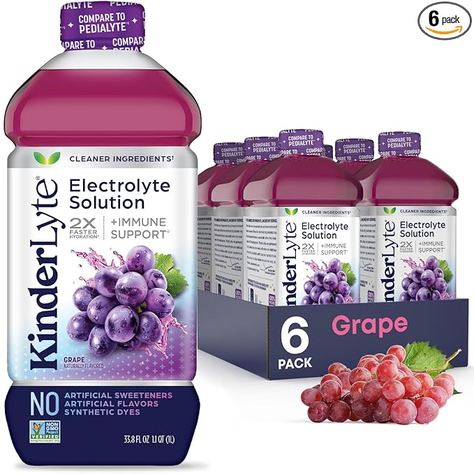 KinderLyte Electrolyte Solution for Kids and Adults - Hydration Drink (Grape 6 Pack) No Artificial Sweeteners or Flavors No Synthetic Dyes Vegan Non-GMO Gluten-Free