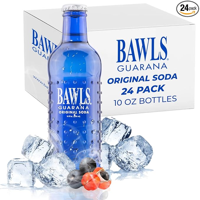 BAWLS Guarana Original - Guarana Fueled Soda for Energy High Energy Caffeinated Drink 10oz 24 Pack Glass Bottles
