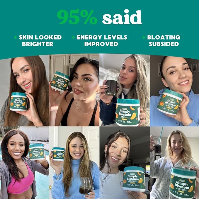 Simply Blossom Nutrition Daily Greens &amp Superfood Powder + Collagen + Probiotics for Women's Digestive Health &amp Bloating Relief. Help Your Health Bloom - 3 Month Supply - Mango