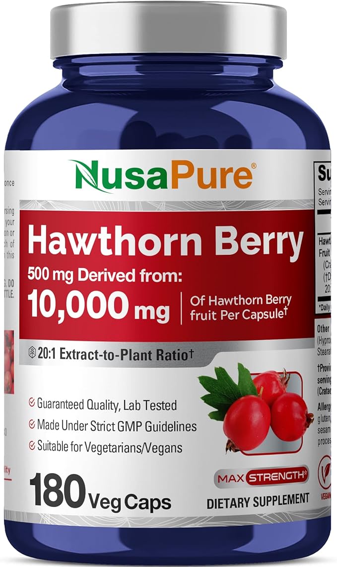 NusaPure Hawthorn Berry 20:1 Extract 500 mg Equivalent to 10000 mg 180 Veg Caps Suitable for Vegetarians Vegan Non-GMO Dietary Supplement