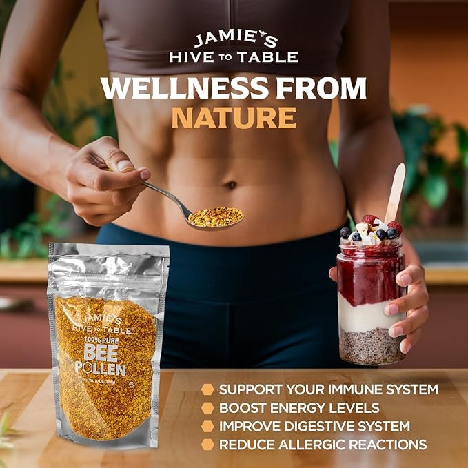 Jamie’s Hive to Table Raw Bee Pollen 10 oz – 100% Pure Bee Pollen – Harvested from Flowers Naturally Dried for Freshness – Great for Smoothies Oatmeal &amp Recipes