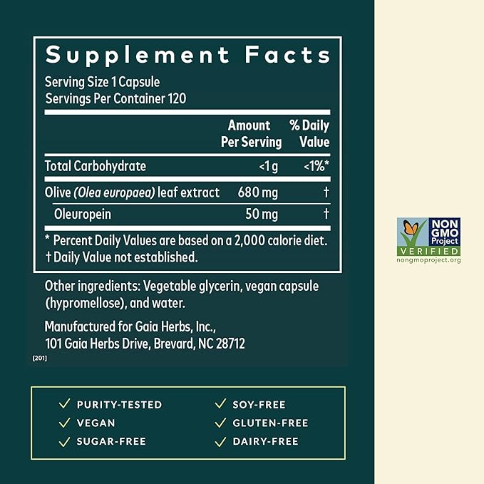 Gaia Herbs Olive Leaf - Traditional Immune Health Support - Immune System Supplement with Olive Leaf Extract &amp Oleuropein* - 120 Vegan Liquid Phyto-Caps (120 Servings)