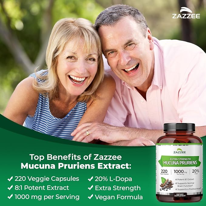 Zazzee Extra Strength Mucuna Pruriens 8:1 Extract Minimum 20% L-Dopa 1000 mg 220 Vegan Capsules 110 Day Supply Concentrated and Standardized 8X Extract 100% Vegetarian All-Natural and Non-GMO