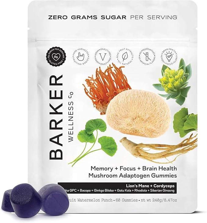 Barker Wellness Mushroom Adaptogen Gummies for Memory &amp Focus Brain Health Supplement with Lion's Mane Cordyceps Cognizin Nootropics Vegan Sugar-Free Passion Fruit Watermelon Flavor- 60 Coun