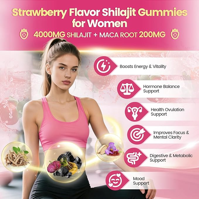 Shilajit for Women Gummies micronutrient Supplement Pure Himalayan Shilajitn Contains Tongkat Ali Ashwagandhaa Turmeric Saffron for hormonal Balance &amp Energy | Strawberry Flavor (120 Gummies