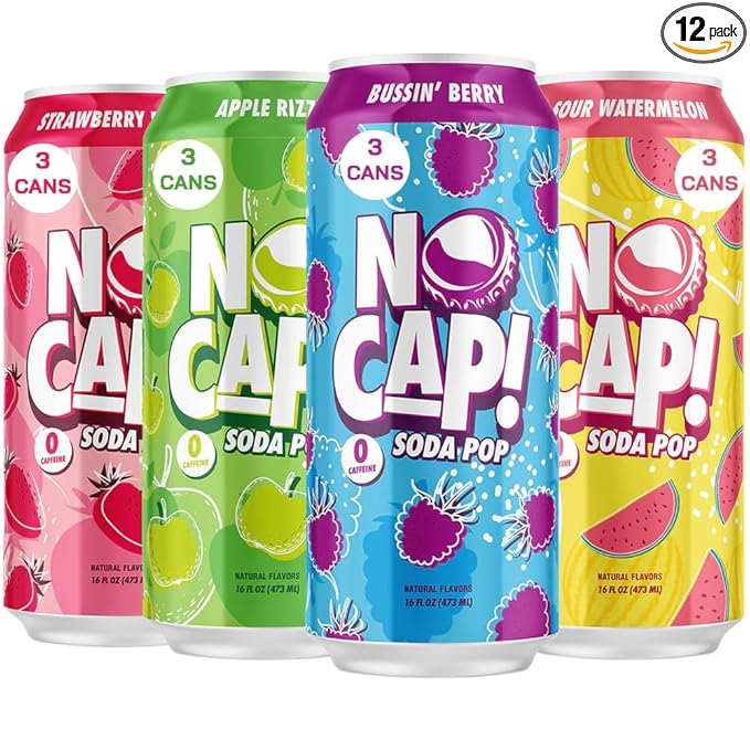 NO CAP! Next Gen Soda Pop with Electrolytes for Hydration Zero Sugar Zero Calories Caffeine-Free Soda Vegan &amp Gluten-Free 16 oz Cans 12pk (Variety Pack)