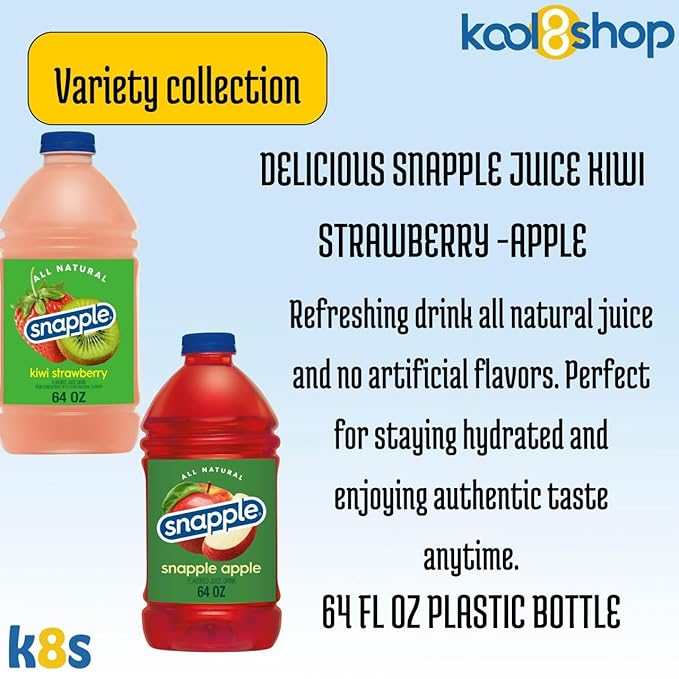 Snapple Variety Collection All Natural Fruit Juice 64 fl oz Plastic Bottle 4 Pack + 15 Sugarcane Disposable Straws by KOOL8SHOP Infinite Deals