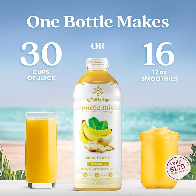 Smartfruit Sunny Banana + Oat Fiber – 100% Real Fruit Purée with Banana Apple &amp Pineapple – Great for Smoothies Juice Yogurt Cocktails Teas &amp More – High in Vitamin A – 48oz