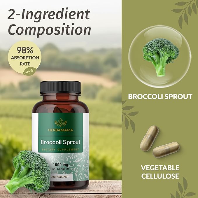 HERBAMAMA Broccoli Sprouts Capsules - 1000mg Broccoli Sprout Extract for Antioxidant &amp Immune Support - Vegan Non-GMO Sulforaphane Supplements 100 Caps