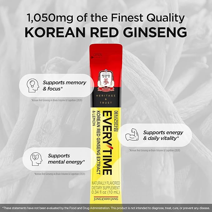 JUNG KWAN JANG Everytime Korean Red Ginseng Extract Stick 1050mg &amp Lemon - Vegan Ginseng Root Energy Drink Liquid Stick Supplements - Builds Stamina &amp Immunity No Caffeine Non-GMO (30 Sticks