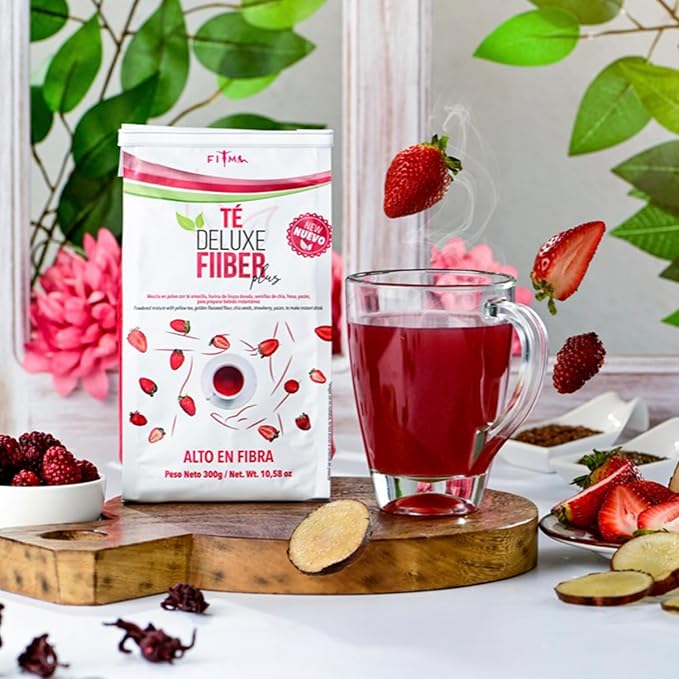 Fiber Plus – Digestive Support Tea Blend with Yellow Tea Flaxseed Chia &amp Aloe Vera. Natural Fiber &amp Herbal Infusion with Strawberry BlackBerry &amp Beetroot. Stevia Sweetened - 30 Servings