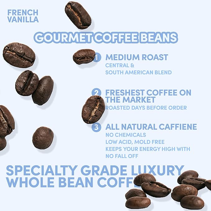 2 lb French Vanilla Whole Bean Coffee | Vanilla Flavored Coffee Beans | Bulk Medium Roast Smooth Sweet | Specialty Grade | 32 oz
