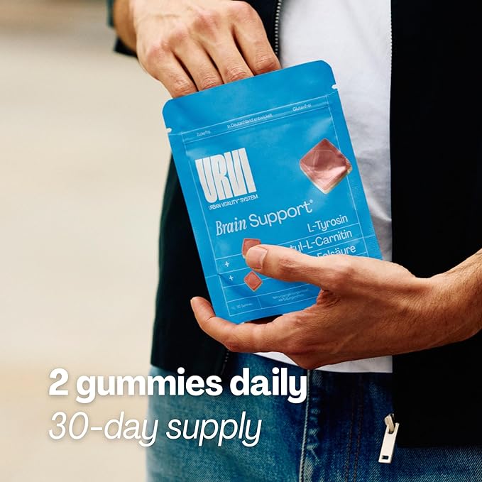 URVI® Brain Gummies – L-Tyrosine Acetyl-L-Carnitine Caffeine L Methyl Folate (Quatrefolic® 5-MTHF) Vitamin B12 &amp Iodine – Boosts Energy &amp Focus – Sugar-Free – Strawberry Flavor – 60 Gummie