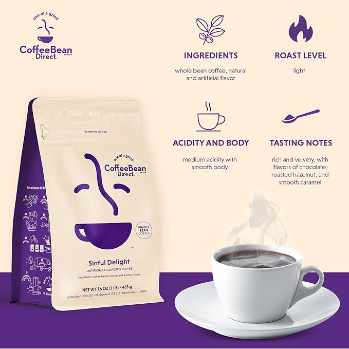 Coffee Bean Direct Sinful Delight Flavored Whole Bean Coffee 1 Pound Bag (Pack of 1)