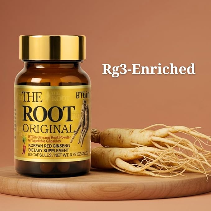 The Root Original Korean Red Panax Ginseng Supplement - 100% Whole Fine Root Powder with Natural Fiber &amp Minerals - Caffeine Free Stamina Wellness &amp Immunity Support - 60 Capsules