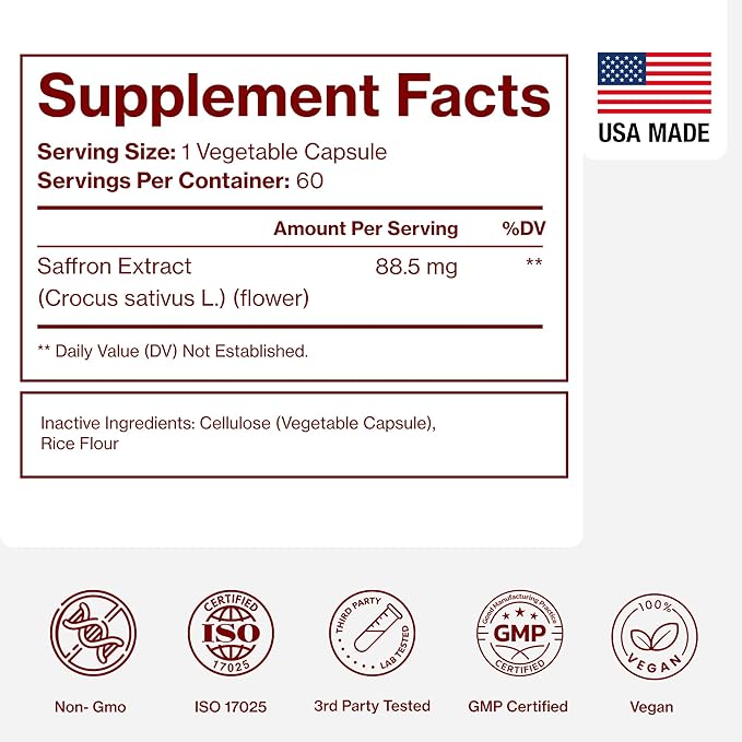 Saffron Supplements - 100% Pure Saffron Extract Capsules - Boost Energy &amp Mood Support Eye &amp Heart Health