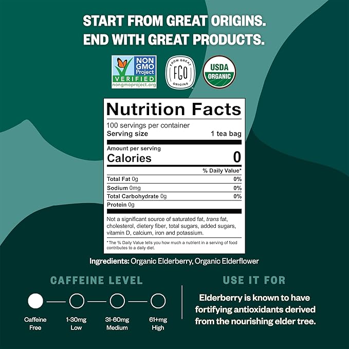 FGO Organic Elderberry Tea 100 Count Eco-Conscious Herbal Tea Bags Resealabel Bag Caffeine Free Packaging May Vary (Pack of 1)