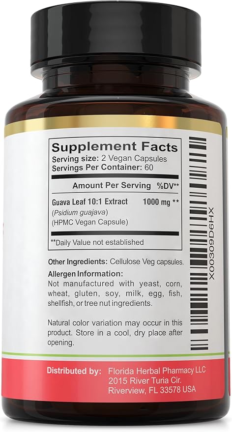 Florida Herbal Pharmacy Guava Leaf Extract Supplement Capsules 10:1 (120 Capsules)Two Months Supply