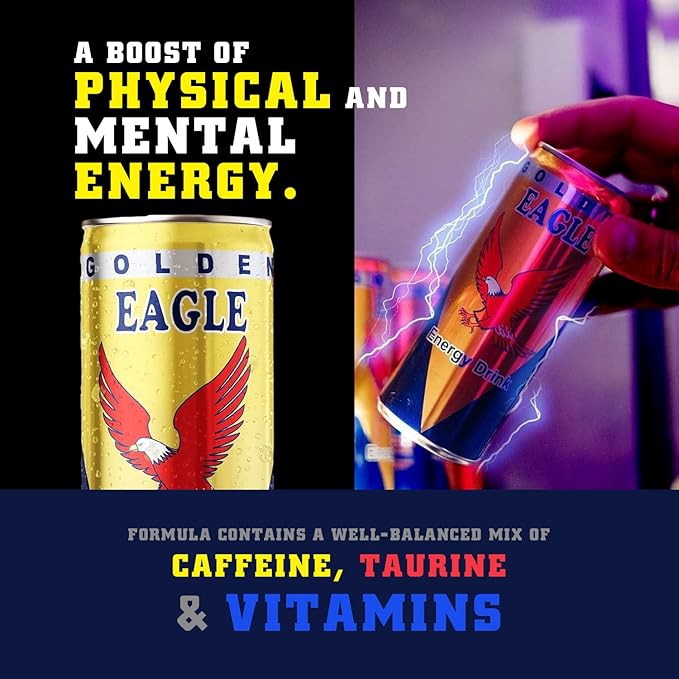 Golden Eagle Energy Drink - 8.4 fl oz Cans (24-Pack) - Albanian Energy Drink Real Sugar Enhanced Energy &amp Focus Vitamins &amp Minerals Perfect for Athletes &amp Professionals Natural Taste M