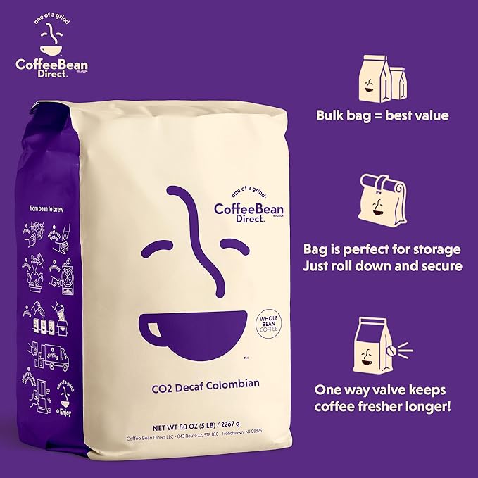 Coffee Bean Direct CO2 Decaf Colombian Whole Bean Coffee Light Roast 5 Pound Bag (Pack of 1)