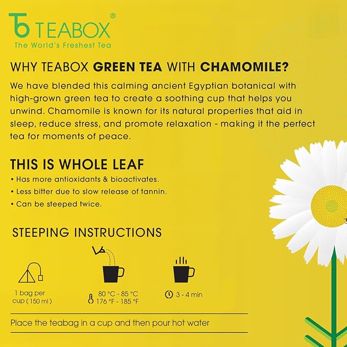 Teabox Premium Darjeeling Green Tea With Chamomile Flowers | 100% Whole Leaf &amp 0% Bitterness | Green Tea From The Himalayas | 25 Tea Bags (Low Caffeine)