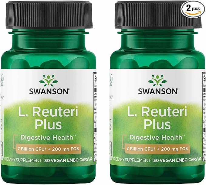 Swanson L. Reuteri Probiotic Plus with L. Rhamnosus L. Acidophilus &amp FOS Prebiotic for Gut-Health-Conscious Adults - 7 Billion CFU (30 Vegan Capsules 2 Pack)