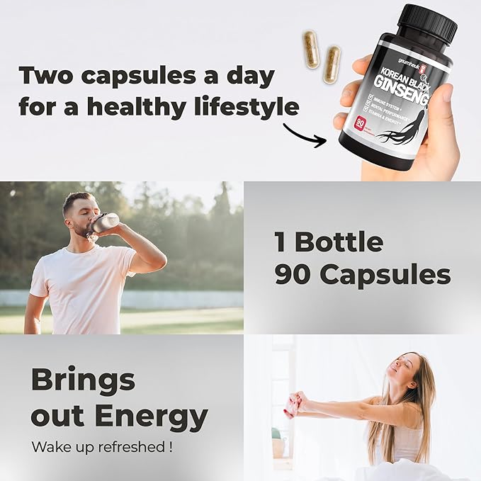 GeumHeuk Korean Black Ginseng Capsule 1000mg Supplement - Non GMO High Ginsenosides High Absorption Rate Enhance Immunity Metal Performance Stamina &amp Energy Men &amp Women - 90 Vegan Capsul